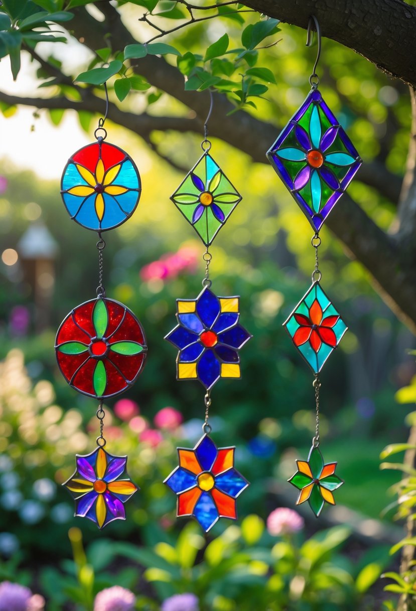 Colorful stained glass garden suncatchers hanging outdoors among green plants and flowers.