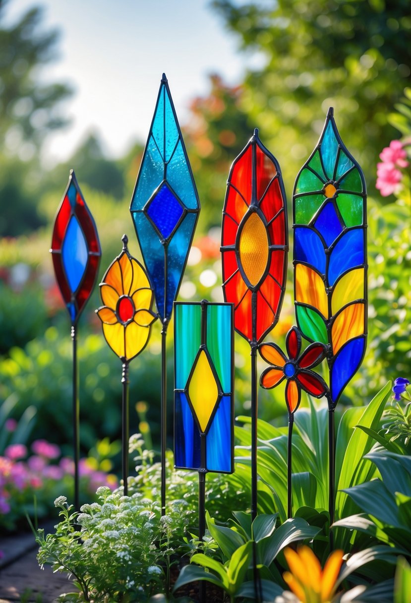 Colorful stained glass garden stakes placed among green plants and flowers in a sunny garden.