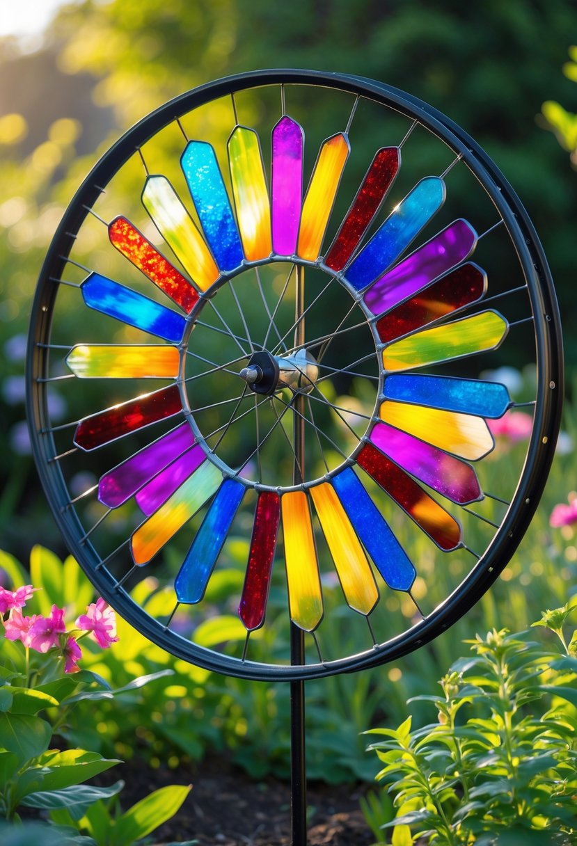A colorful stained glass garden spinner made from a bicycle rim standing in a garden with green plants and flowers.