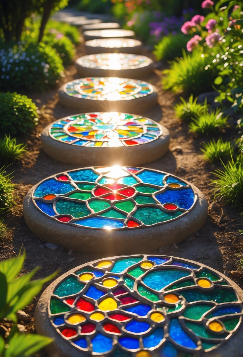 A garden pathway with colorful stained glass mosaic stepping stones surrounded by green grass and flowering plants.