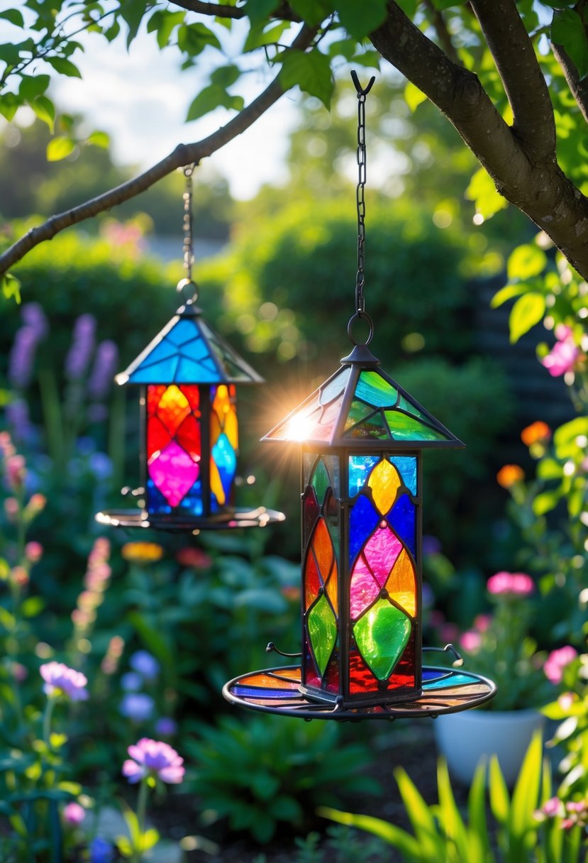 Colorful stained glass bird feeders hanging in a garden surrounded by flowers and greenery.