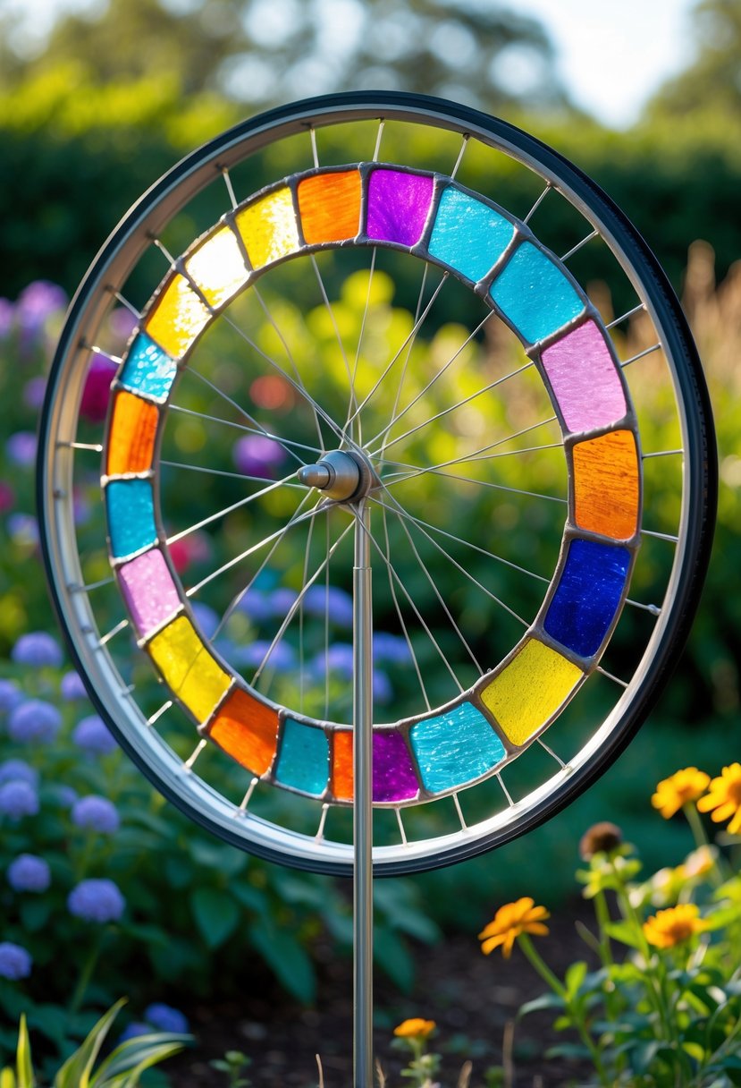 A bicycle rim garden spinner decorated with colorful stained glass pieces standing in a green garden with flowers and plants.
