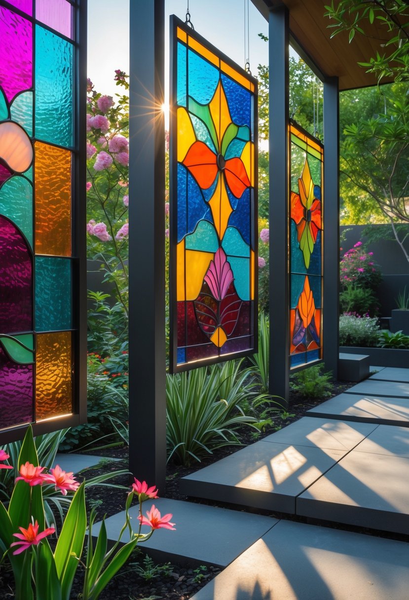 Several colorful stained glass panels hanging outdoors among green plants and flowers in a garden.