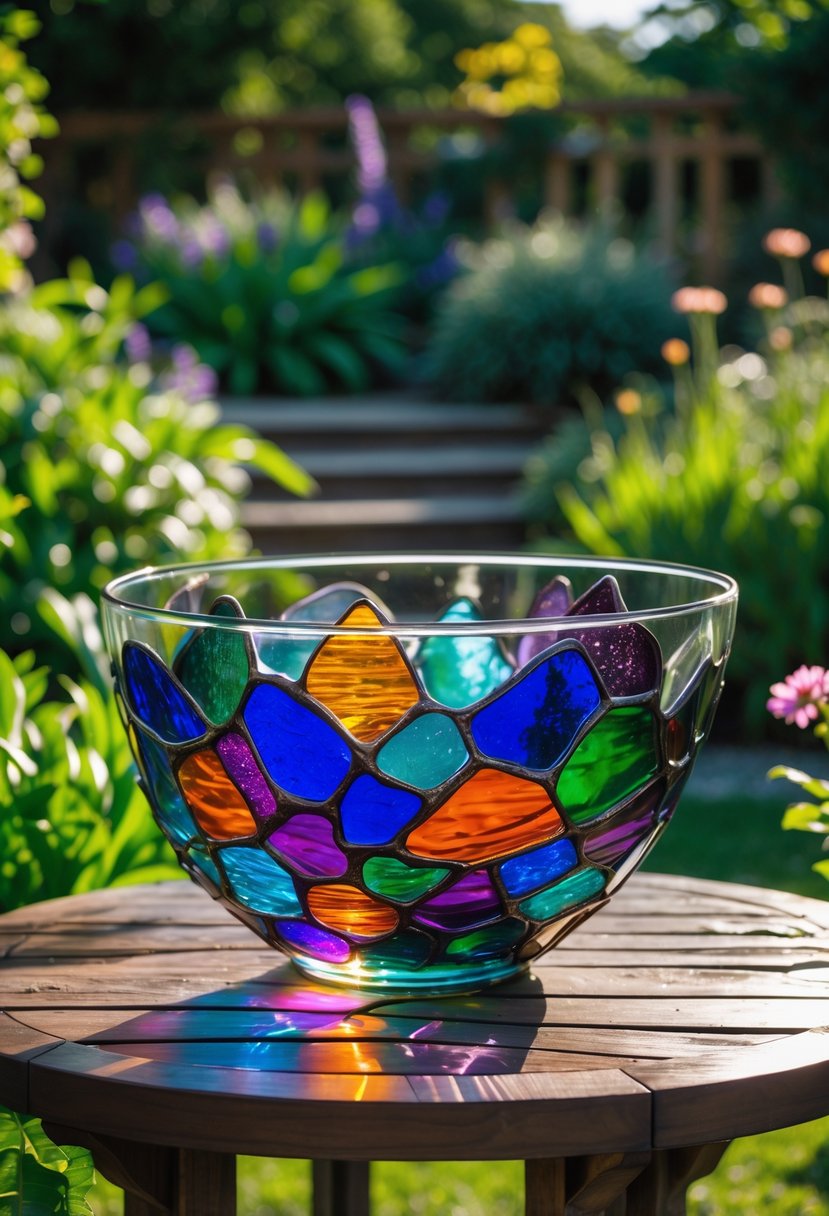 A glass bowl filled with colorful stained glass pieces sitting on a wooden table in a garden surrounded by green plants and flowers.
