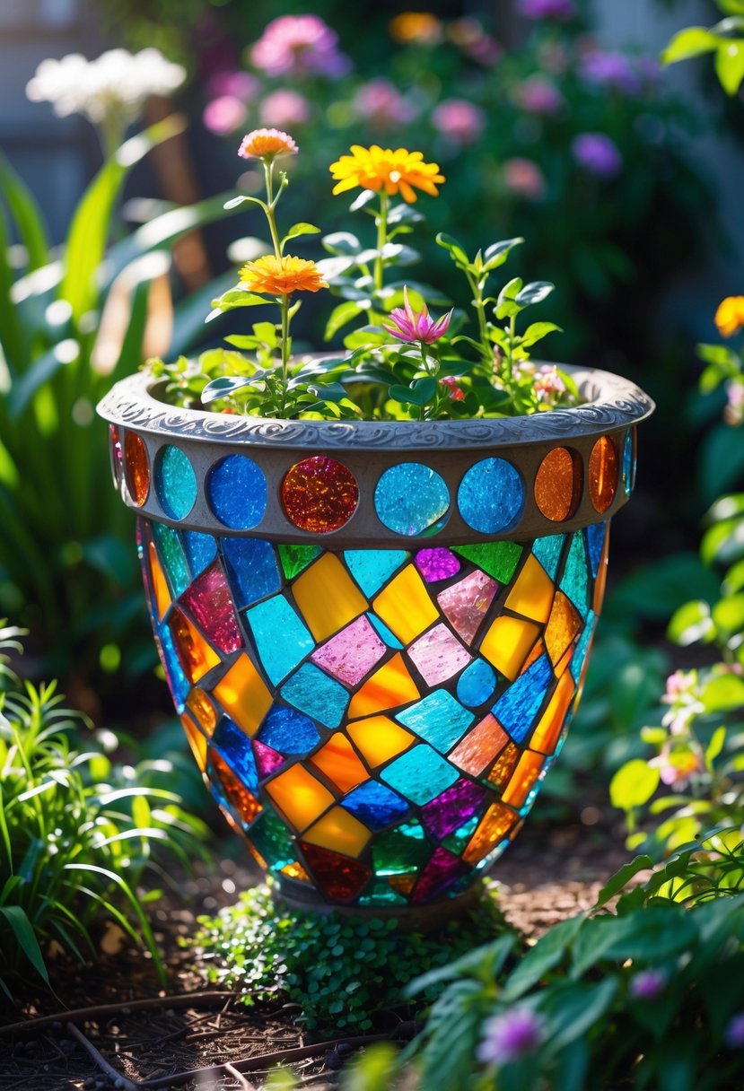 A colorful flowerpot decorated with stained glass mosaics sitting in a garden surrounded by plants and flowers.