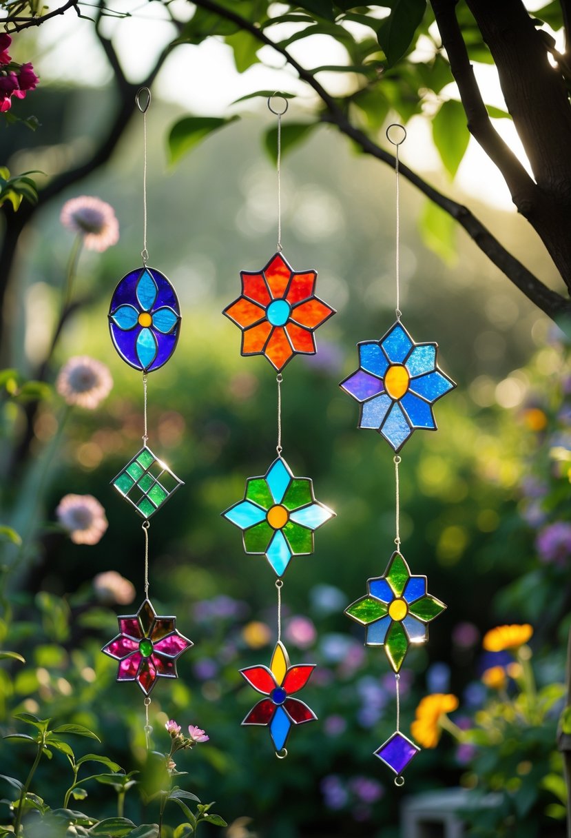 Colorful stained glass sun-catcher mobiles hanging in a garden among plants and flowers.
