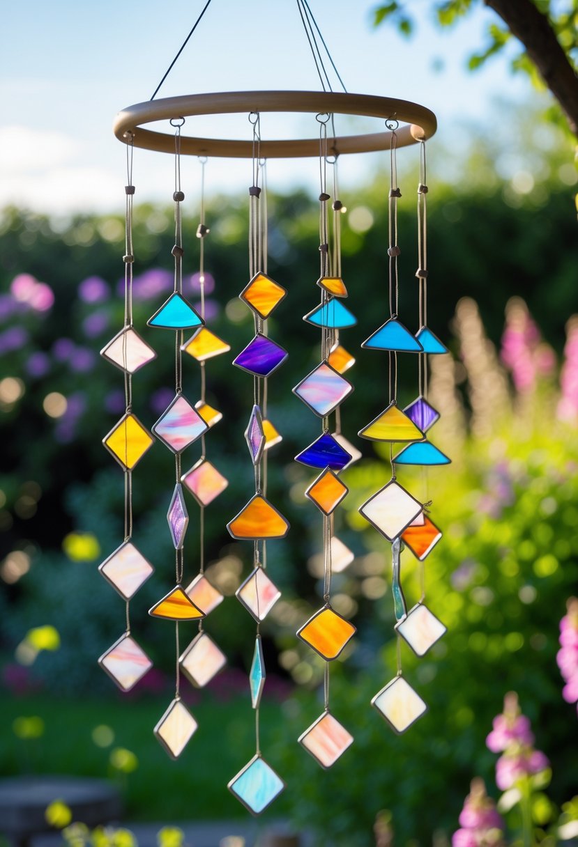 Colorful stained glass wind chimes hanging in a garden with green plants and flowers in the background.