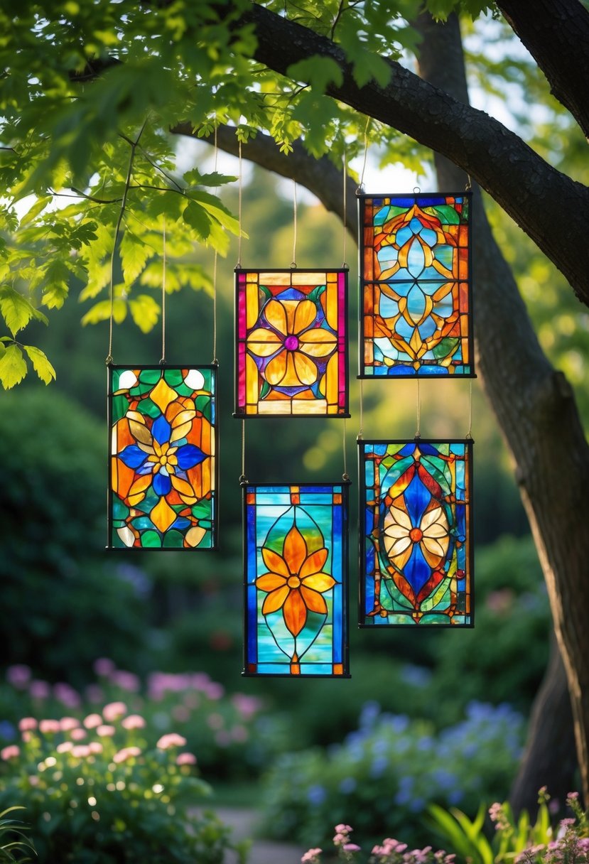 Colorful stained glass panels hanging from tree branches in a green garden with sunlight filtering through.