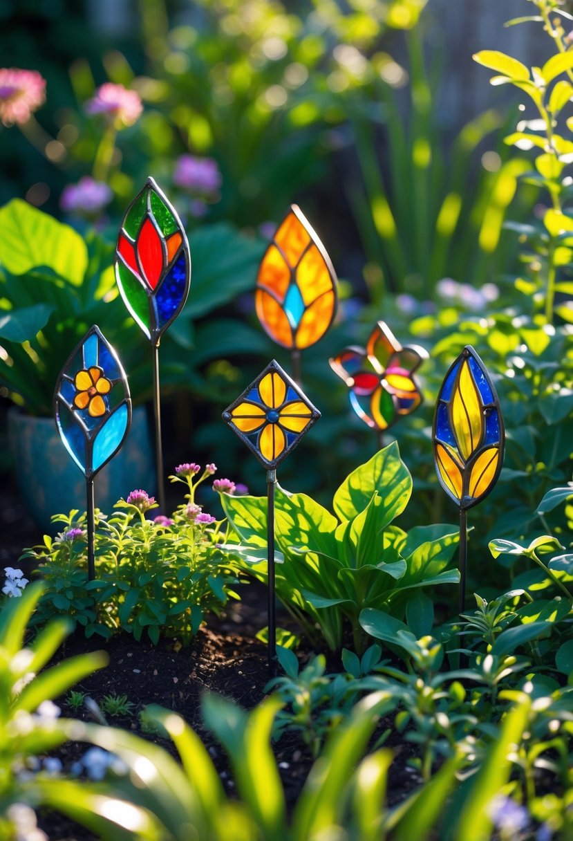 A garden with small colorful stained glass plant markers placed among green plants and flowers.