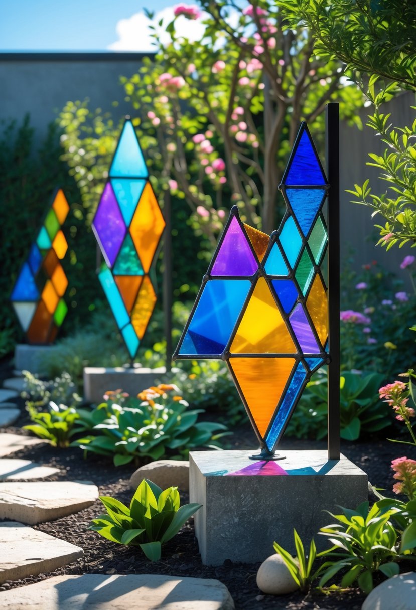 A garden with colorful geometric stained glass sculptures among green plants and flowers under a clear sky.