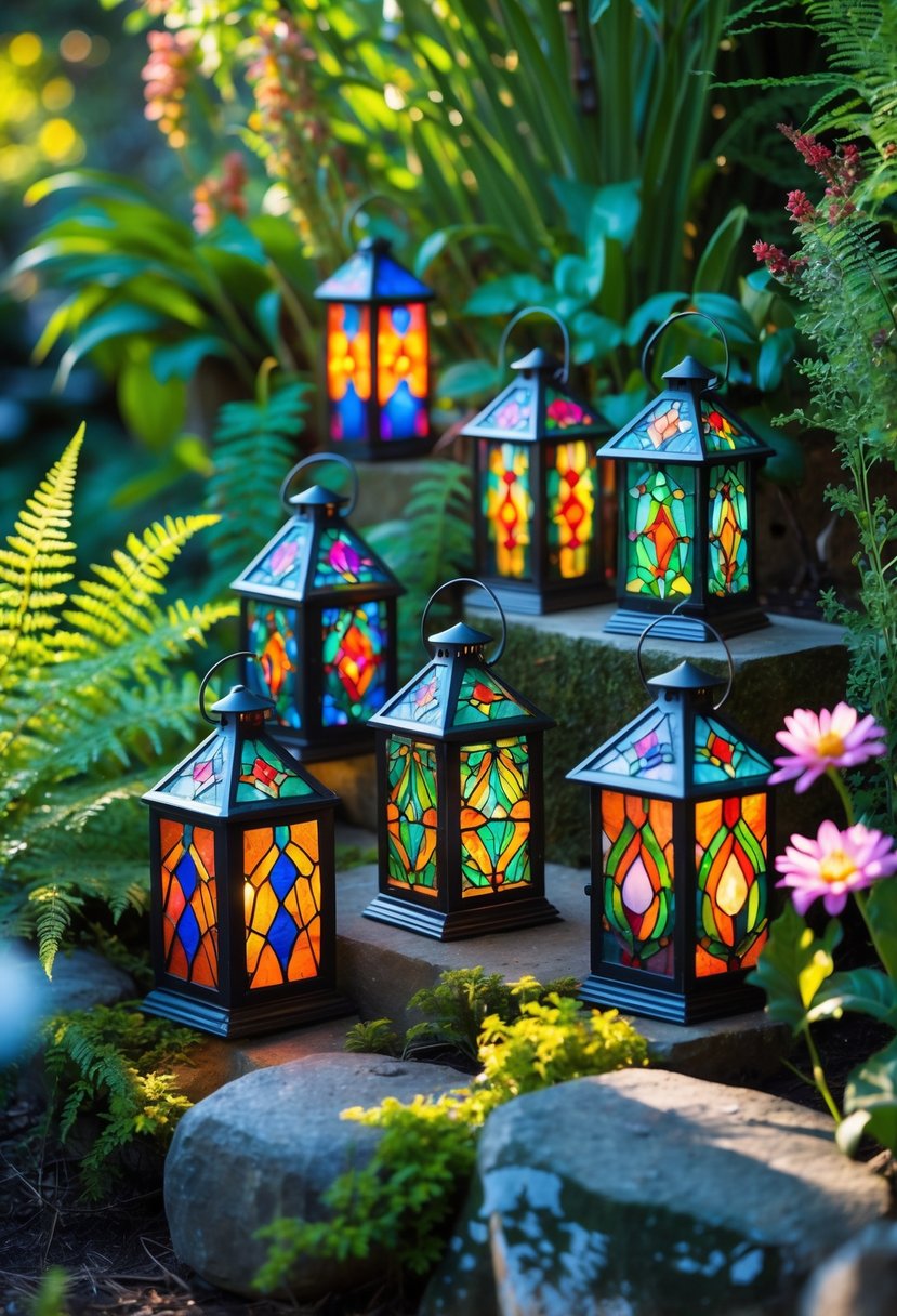 Miniature stained glass lanterns with colorful glass panels displayed in a garden surrounded by plants and greenery.