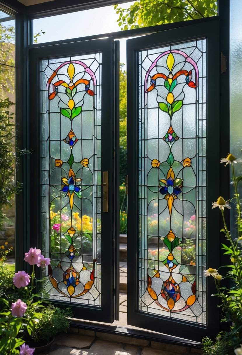 A garden view through translucent stained glass door panels with colorful floral and geometric patterns, surrounded by green plants and flowers.