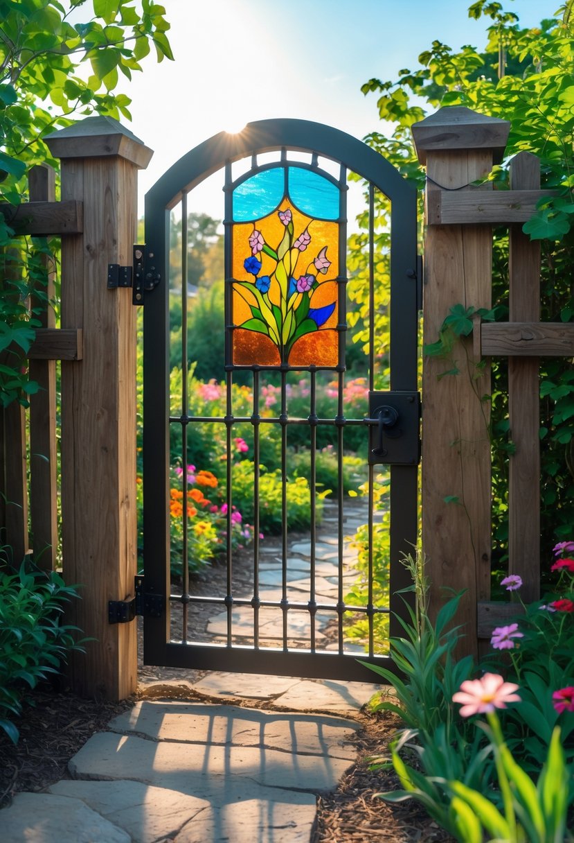 A wooden garden gate with colorful stained glass inserts surrounded by green plants and flowers in a garden.