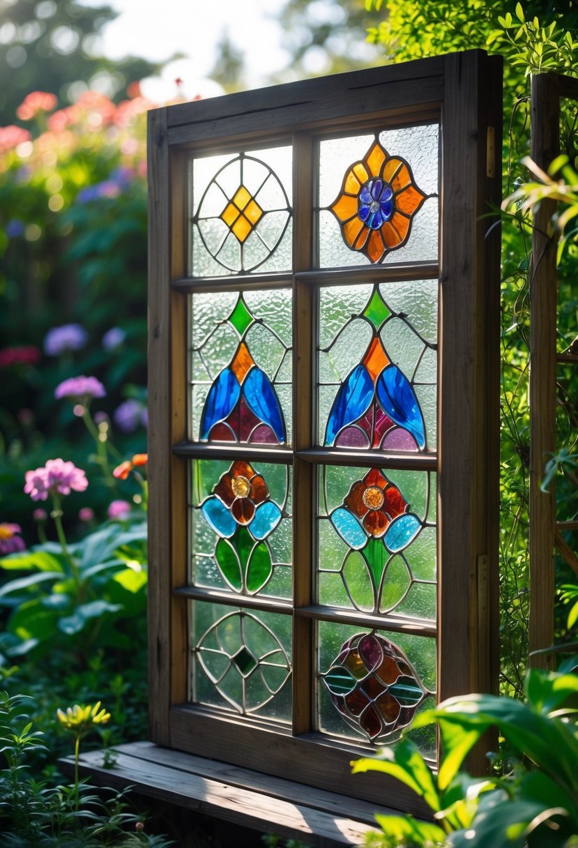 A vintage wooden window frame with colorful stained glass panels displayed outdoors among garden plants and flowers.