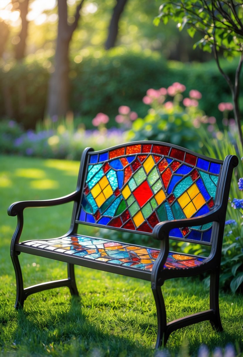 A small garden bench decorated with colorful stained glass mosaic in a lush green garden with flowers and sunlight.
