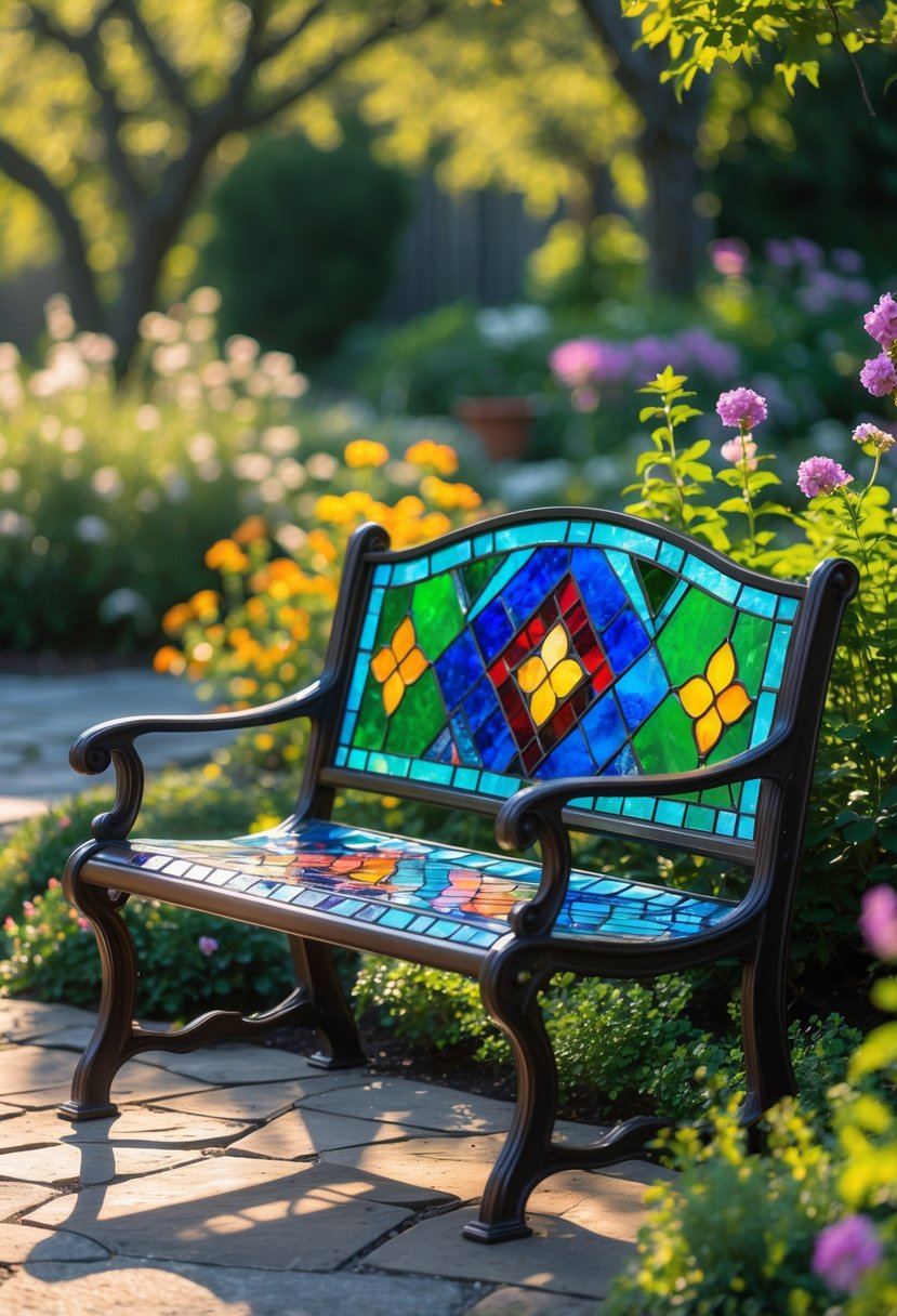 A colorful stained glass mosaic garden bench surrounded by flowers and greenery in a sunny garden.