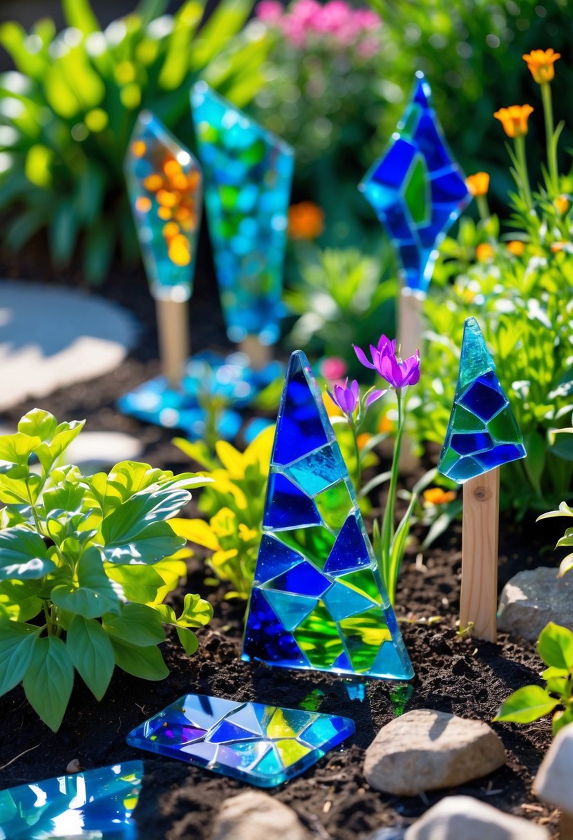 Colorful recycled glass shard garden art displayed among green plants and flowers in a sunny garden.