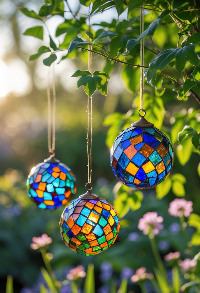 Several small colorful stained glass mosaic balls hanging among green plants in a garden.