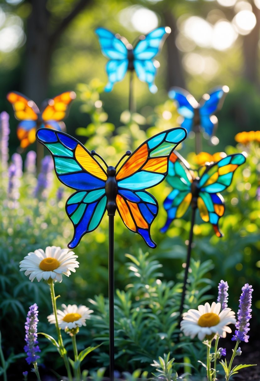 Colorful stained glass butterfly garden stakes placed among green plants and blooming flowers in a sunlit garden.