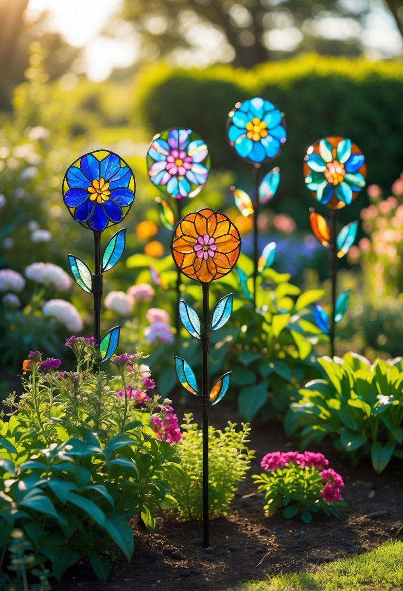 A garden with colorful stained glass flower stakes planted among green plants and blooming flowers.