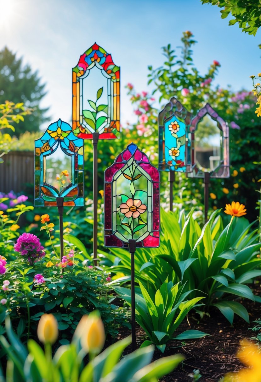 A garden with stained glass mirror frames among green plants and colorful flowers reflecting the surroundings.