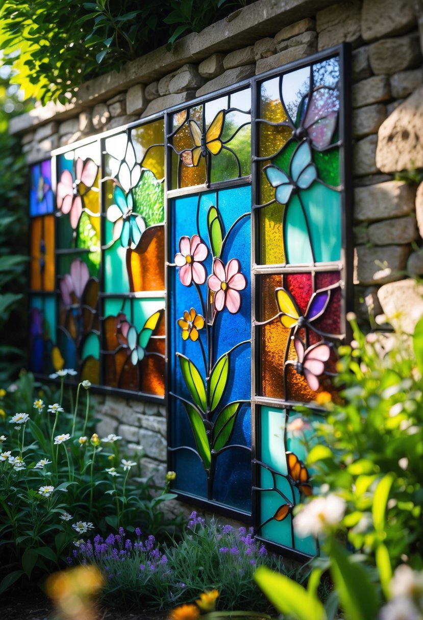 A garden wall decorated with colorful stained glass art pieces featuring flowers and butterflies, surrounded by lush plants and sunlight.