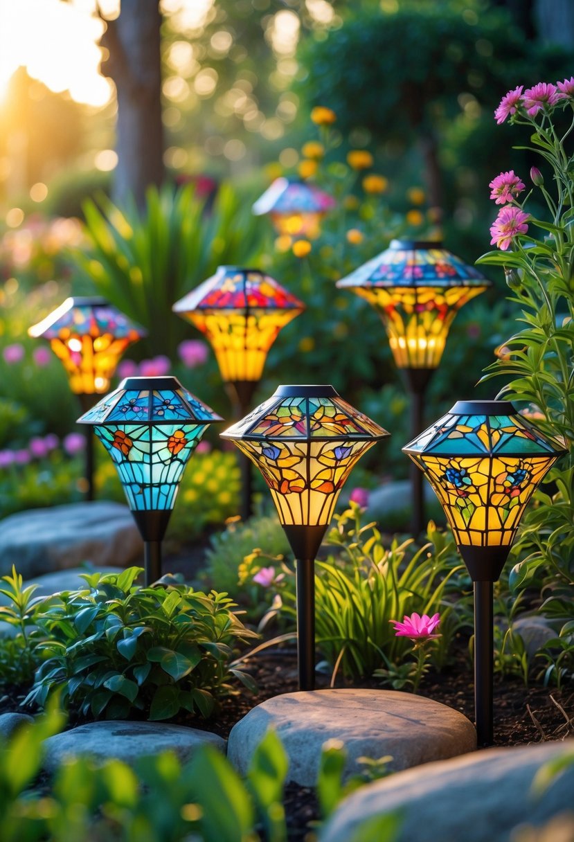 Colorful stained glass solar lights glowing among plants and flowers in a garden.