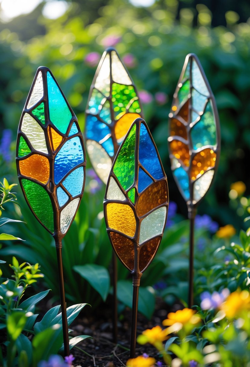 Leaf-shaped stained glass garden stakes placed among green plants and flowers in a garden.