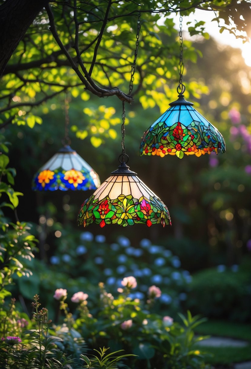 Colorful stained glass garden lampshades hanging among flowers and green plants in a sunny garden.