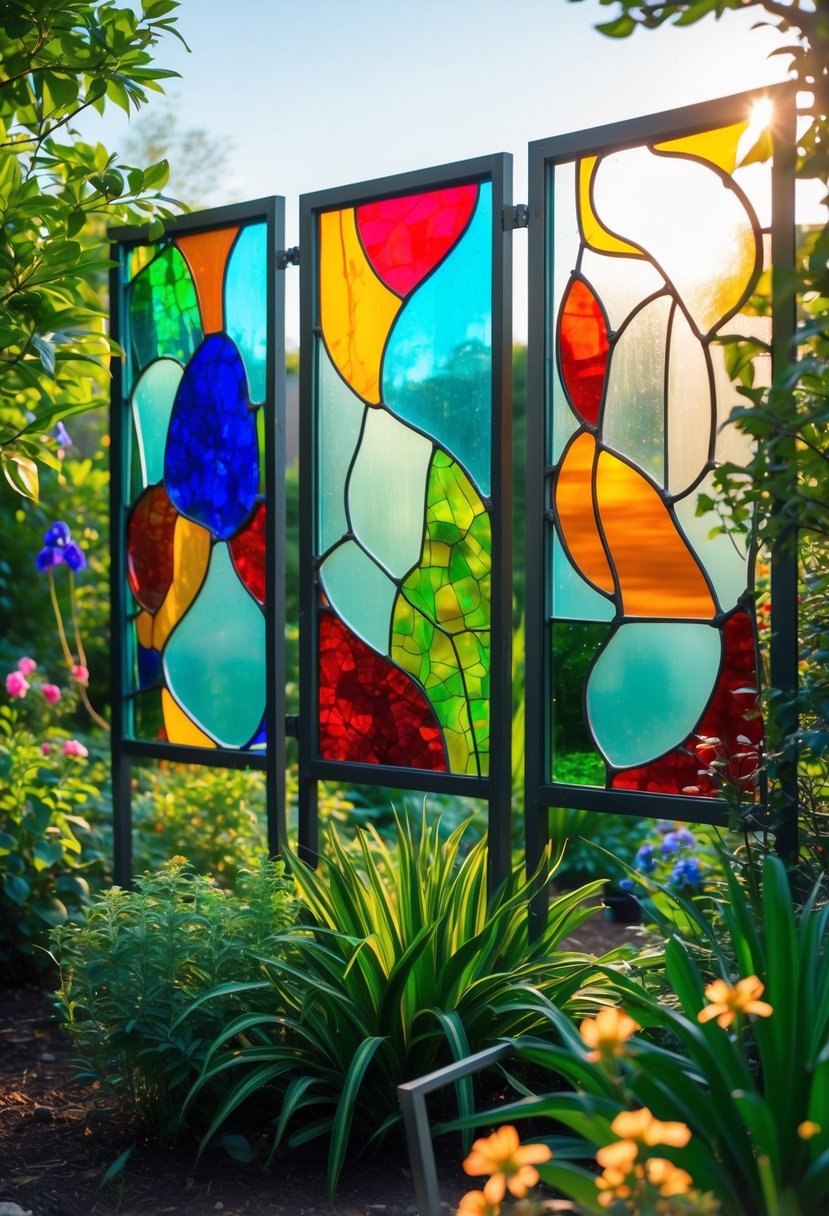 A garden with colorful abstract stained glass panels surrounded by green plants and flowers.