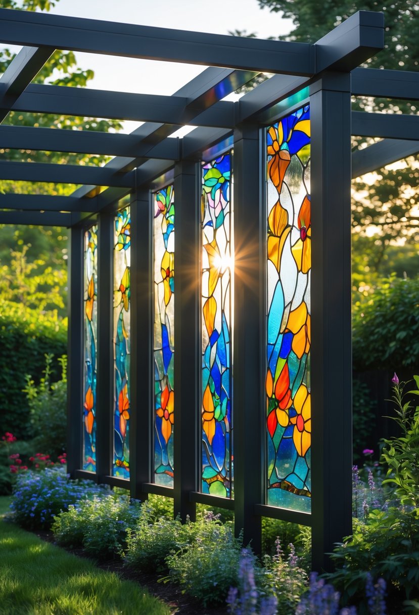 A modern pergola in a garden with colorful stained glass panels inserted between its beams, surrounded by green plants and flowers.