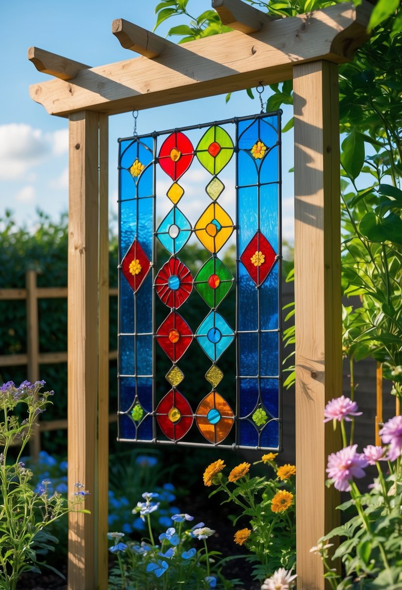 A garden trellis decorated with colorful stained glass pieces surrounded by blooming flowers and green plants.