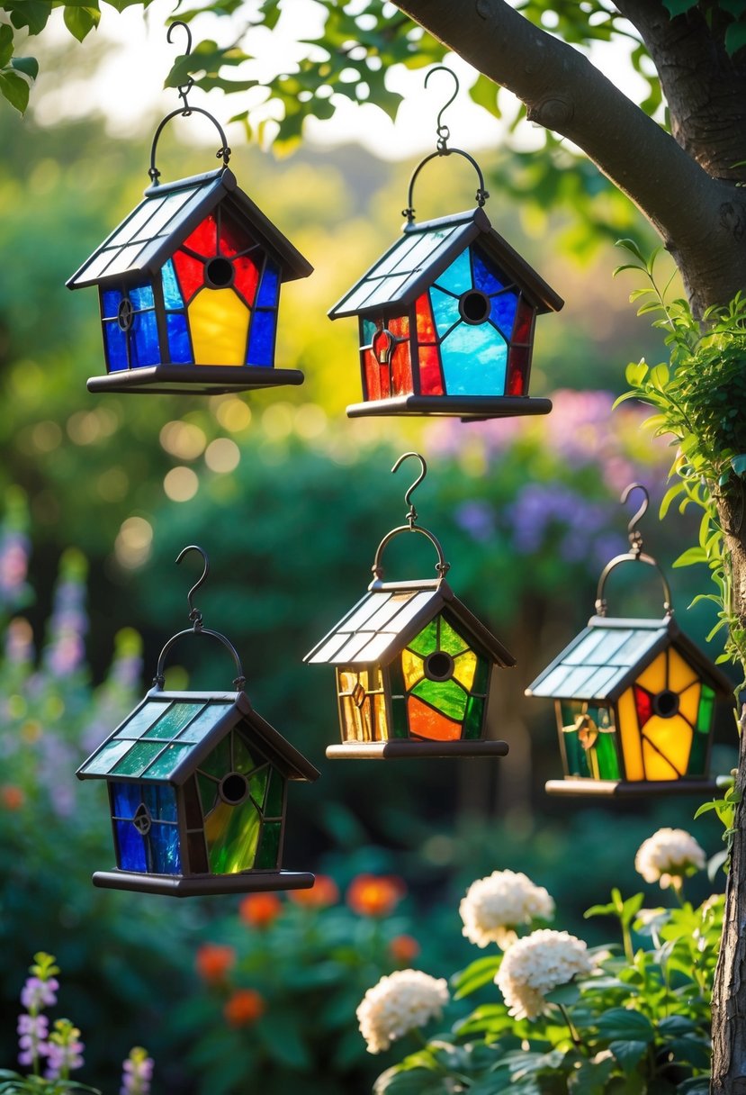 A garden with colorful stained glass birdhouses hanging among green plants and flowers.