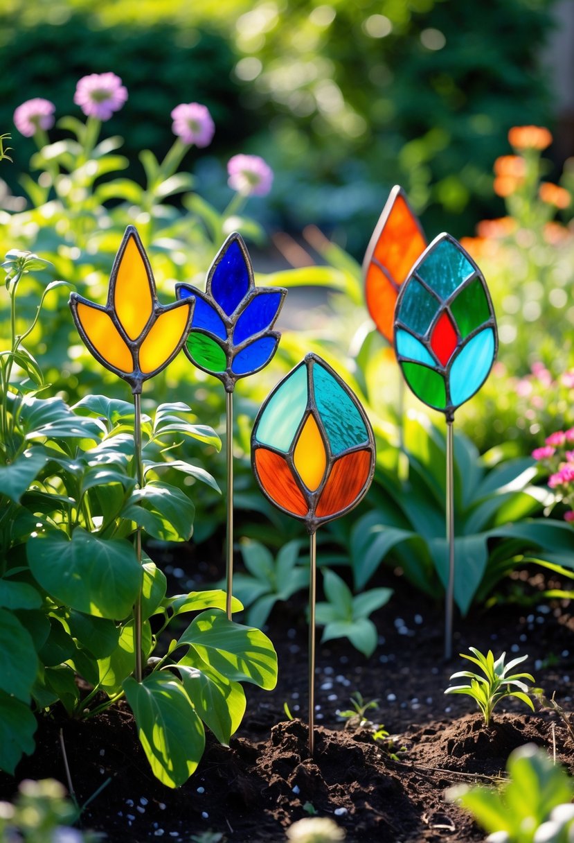 Colorful stained glass plant markers placed among green garden plants in a sunny outdoor garden.