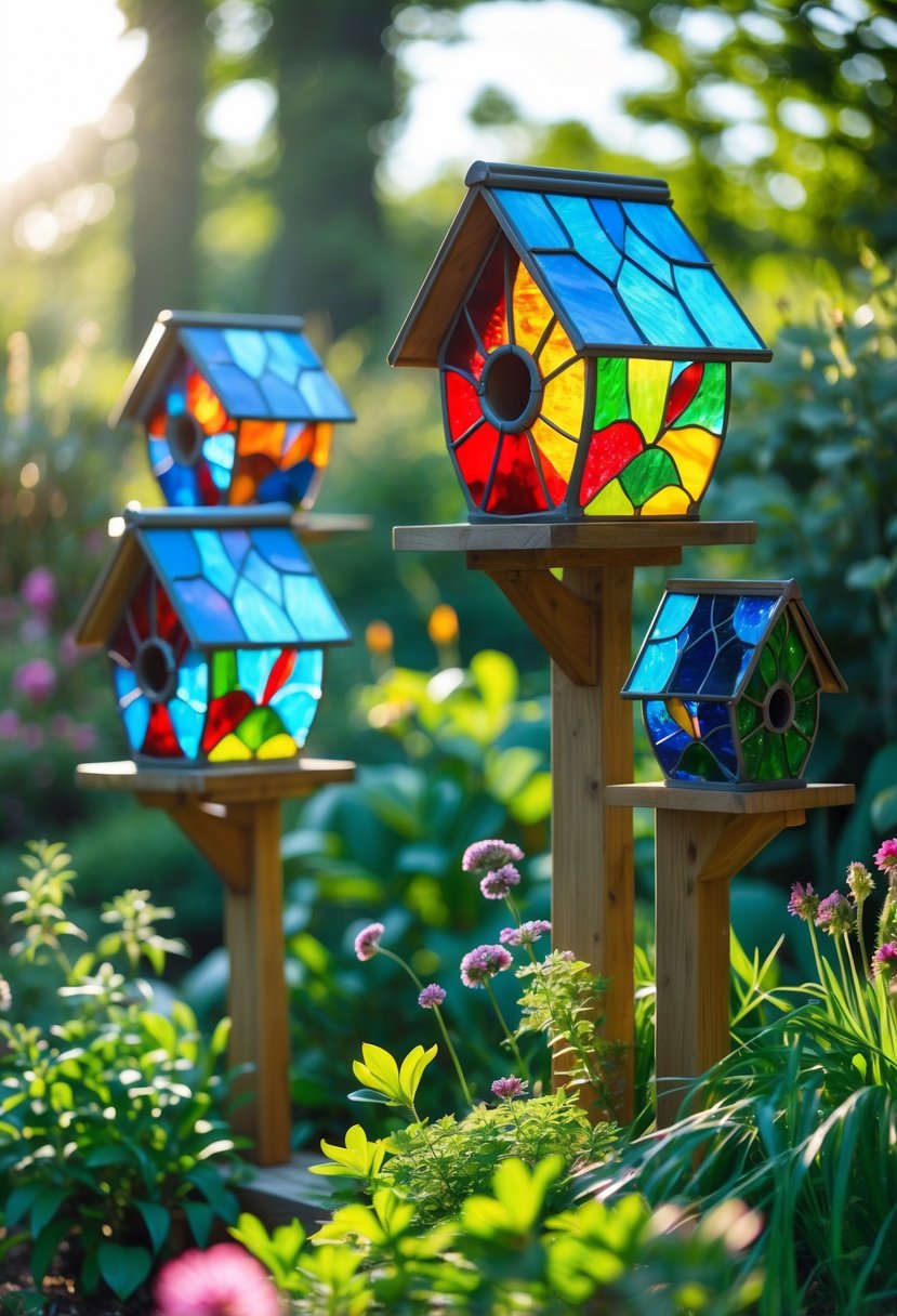 A garden with colorful stained glass birdhouses mounted on wooden posts surrounded by green plants and flowers.