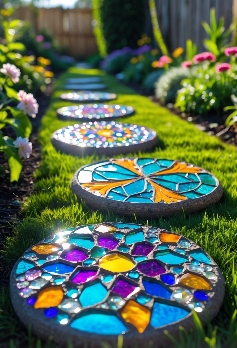 A garden pathway with colorful mosaic glass stepping stones surrounded by grass and flowers.