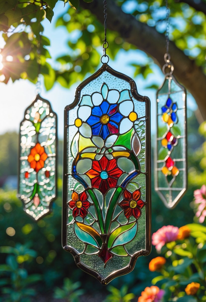 Glass sun catchers with colorful floral patterns hanging in a garden with sunlight shining through them.