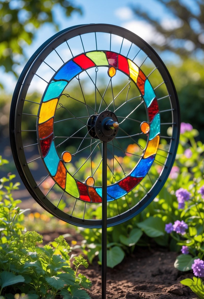 A colorful garden spinner made from a bicycle rim with stained glass pieces, standing in a green garden with flowers and plants.