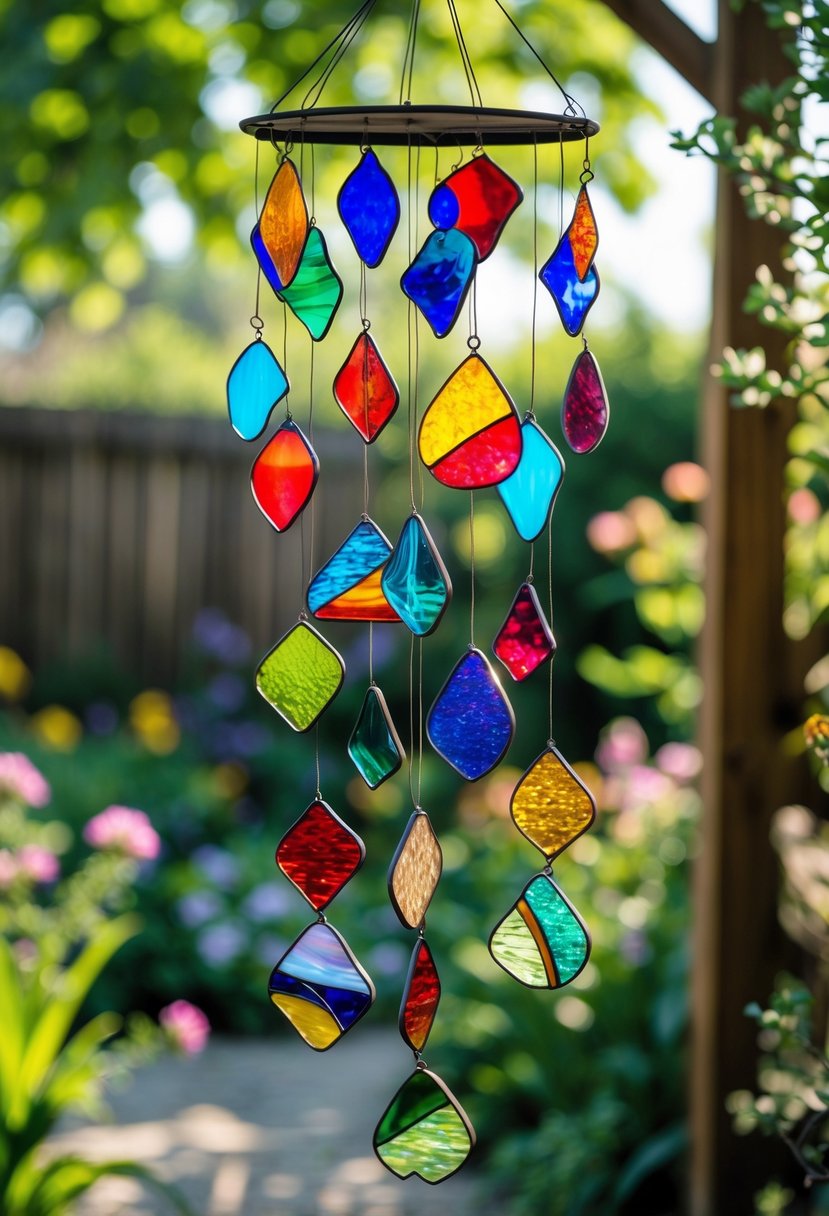 Colorful stained glass wind chimes hanging in a garden with green plants and flowers in the background.
