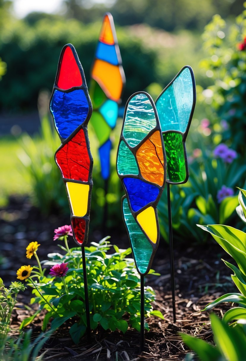 Colorful stained glass garden stakes placed among green plants and flowers in a garden bed.