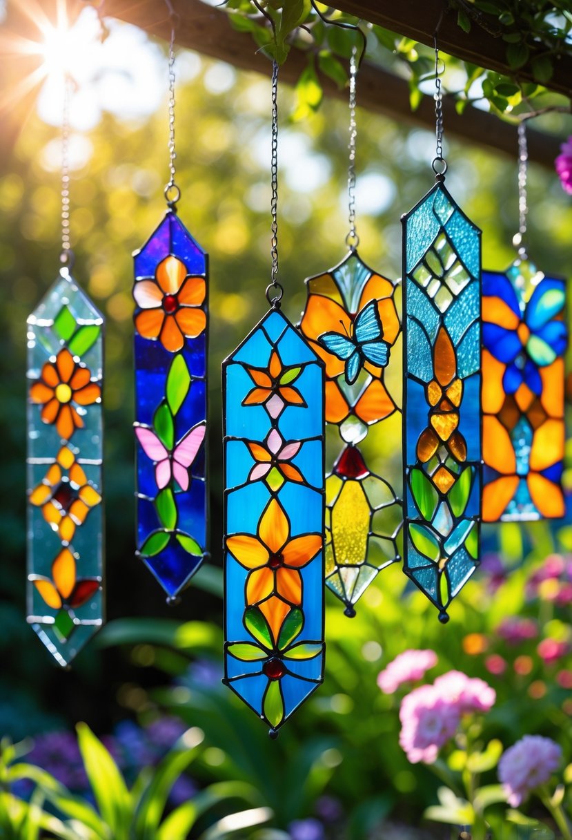 Colorful glass suncatchers hanging in a sunny garden with green plants and flowers in the background.