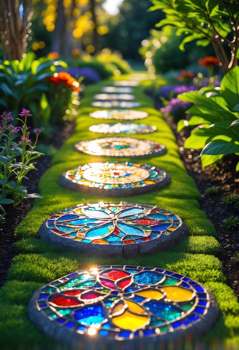 A garden pathway with colorful mosaic stepping stones surrounded by green plants and flowers.