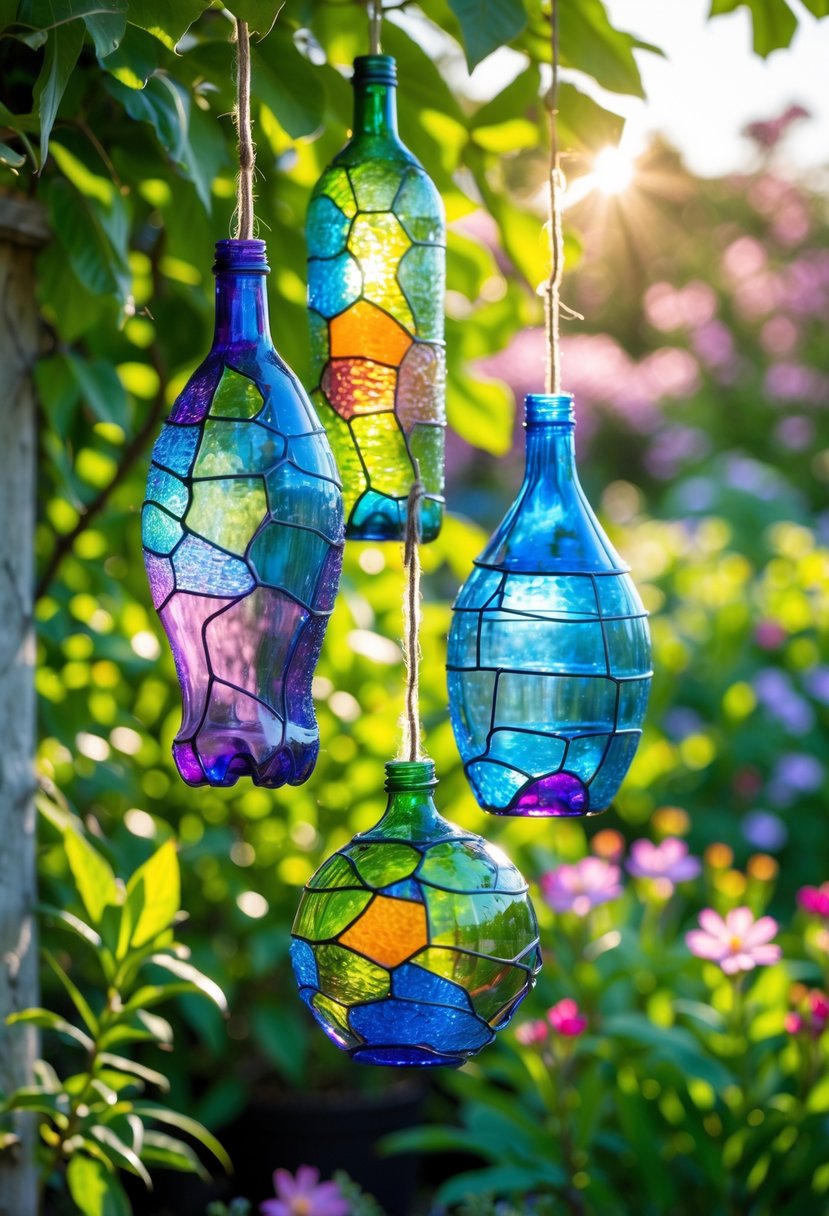 Colorful hanging ornaments made from recycled bottles in a garden with green plants and flowers.