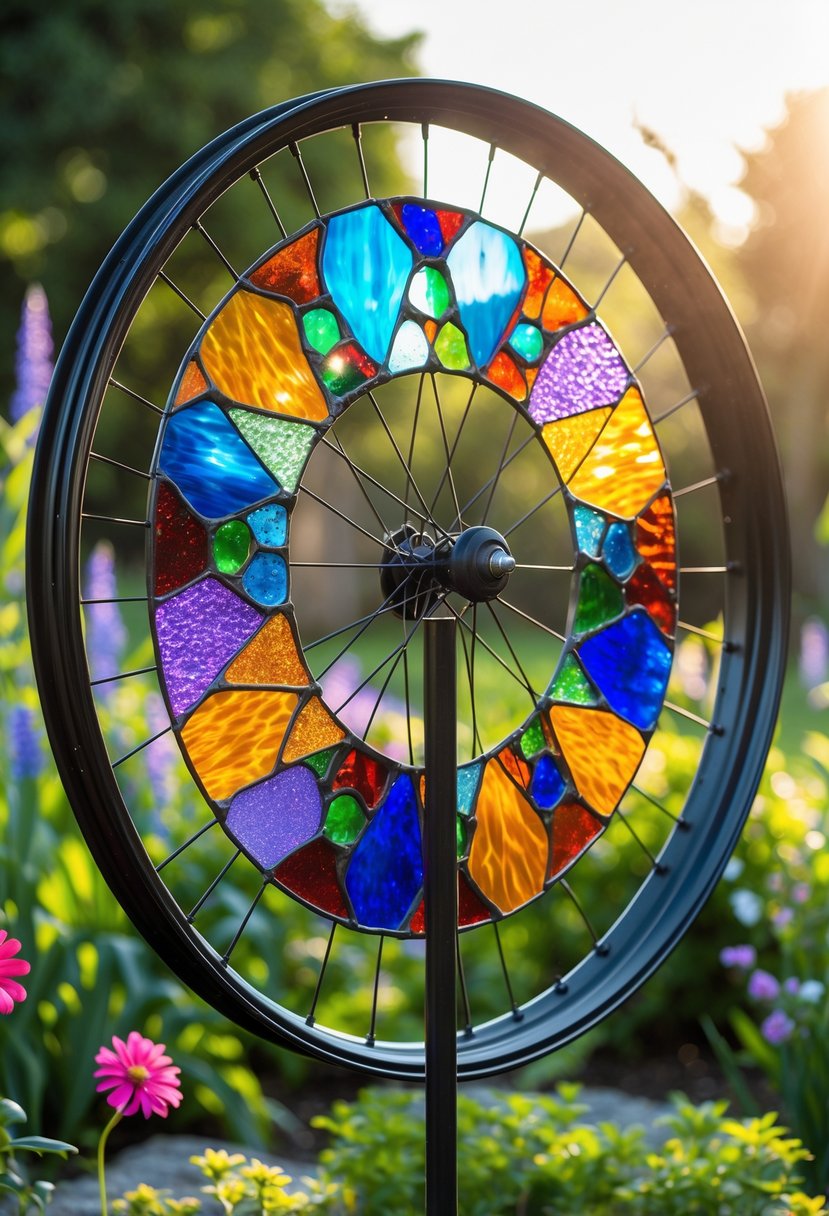 A colorful garden spinner made from a bicycle rim decorated with stained glass pieces, mounted in a lush garden with plants and flowers.