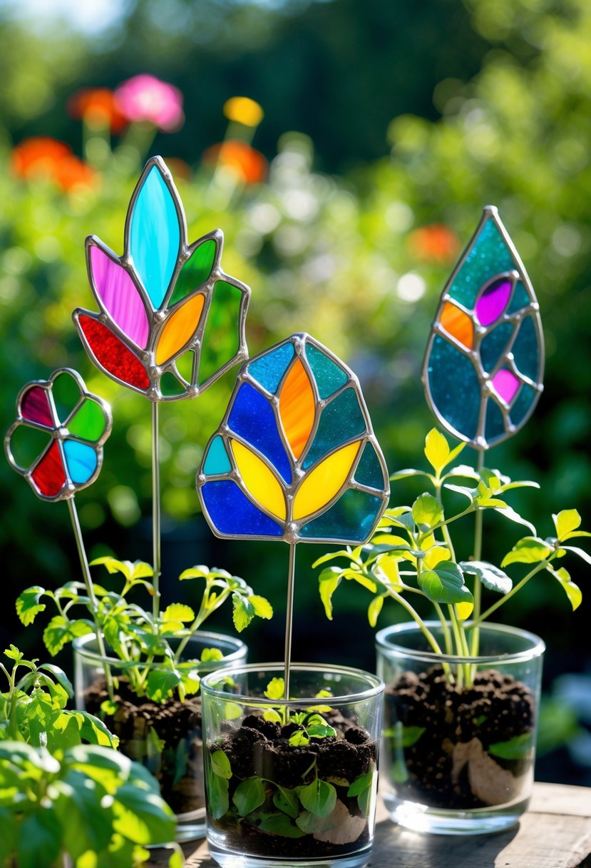 Glass pots with green plants and colorful stained glass markers placed in a garden.