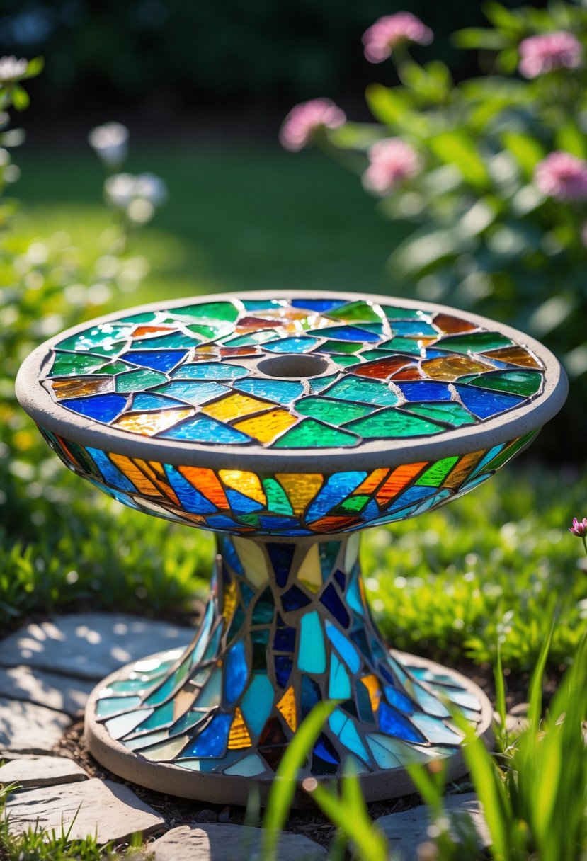 A colorful mosaic birdbath base made of stained glass pieces in a garden surrounded by grass and flowers.