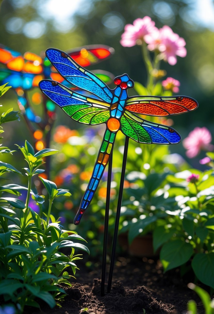 Colorful dragonfly stained glass garden stakes placed among green plants and flowers in a garden.