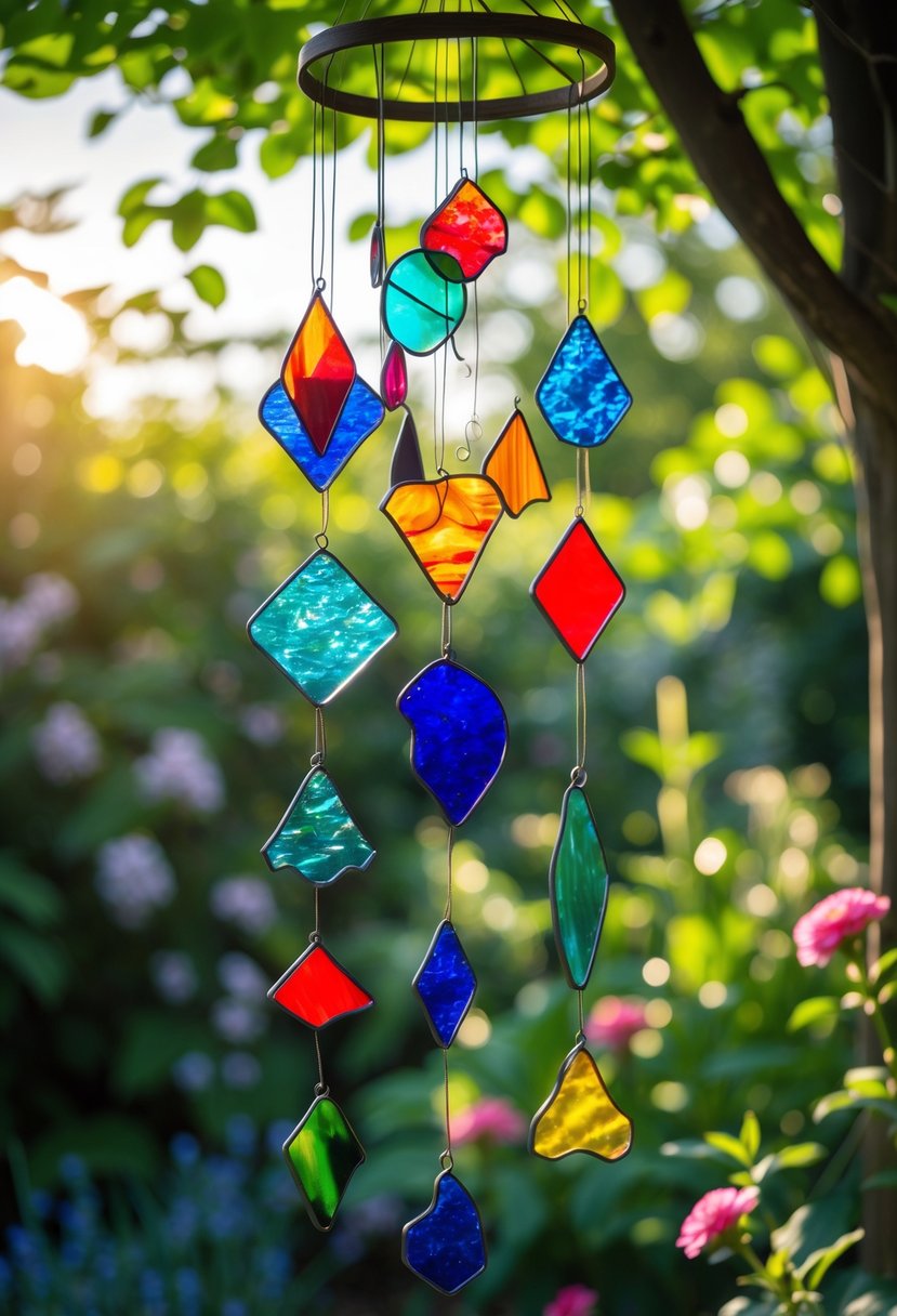 Colorful stained glass wind chimes hanging in a garden with green plants and flowers in the background.