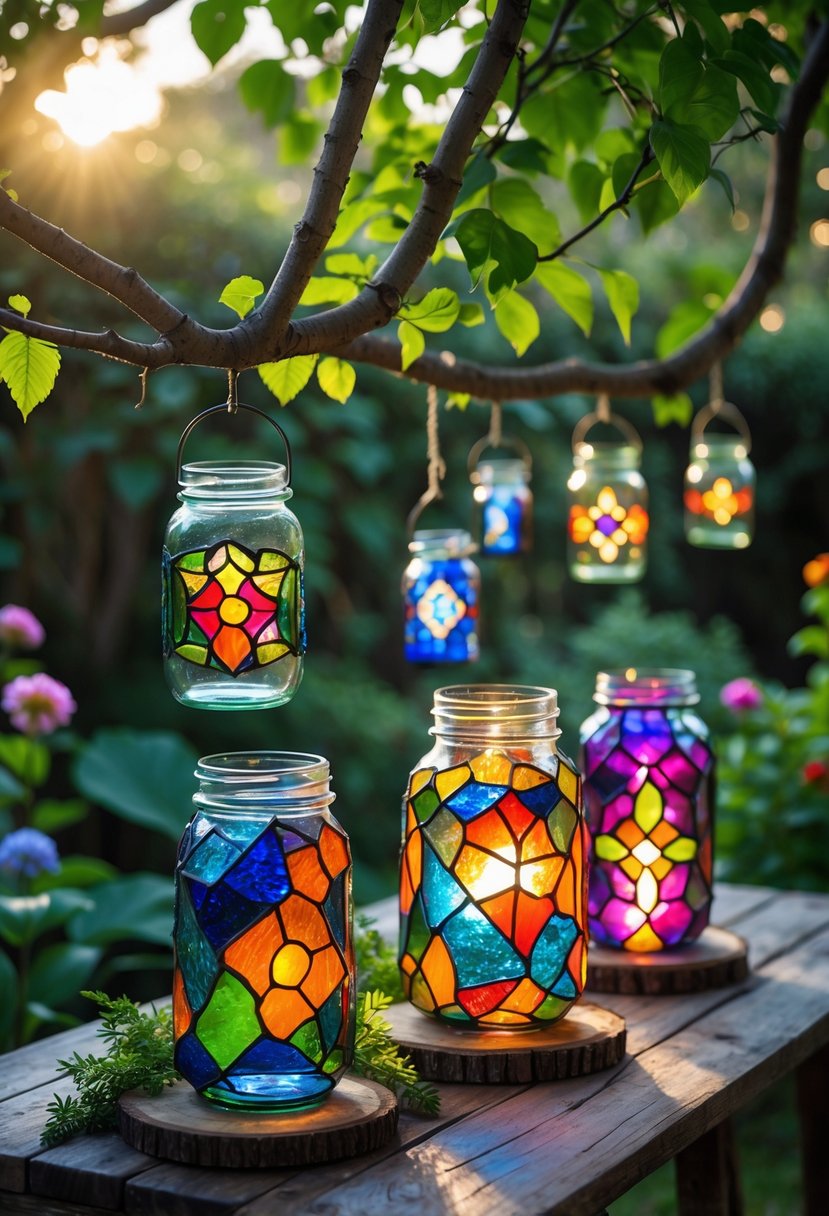 Glass jar lanterns with colorful stained glass accents hanging and placed in a garden surrounded by plants and flowers.