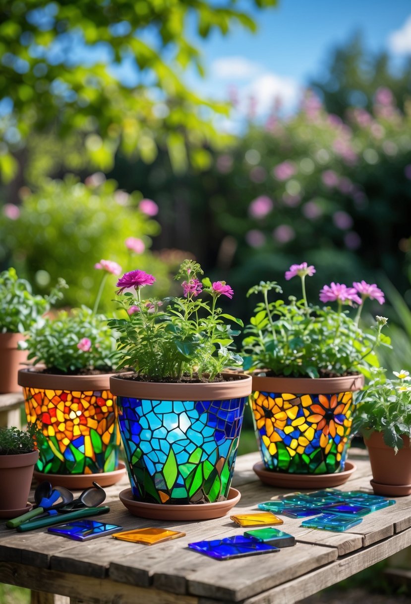 Several flowerpots decorated with colorful stained glass mosaics arranged on a wooden table in a garden surrounded by plants and flowers.